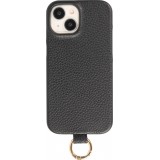 iPhone 14 Case H&uuml;lle - Premium Luxus Echtleder mit verstell- und abnehmbarem Lederriemen + MagSafe - Schwarz