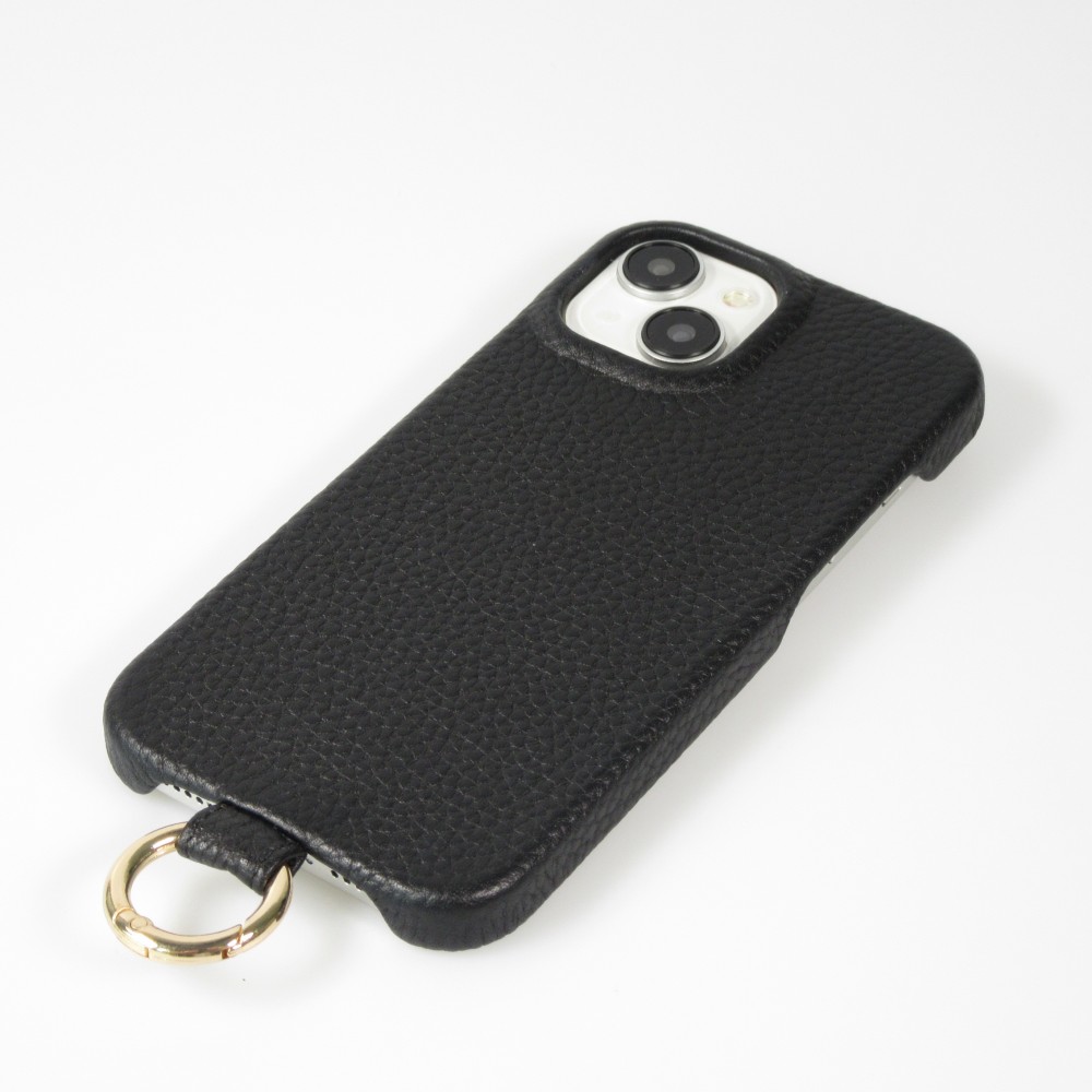 iPhone 14 Case H&uuml;lle - Premium Luxus Echtleder mit verstell- und abnehmbarem Lederriemen + MagSafe - Schwarz