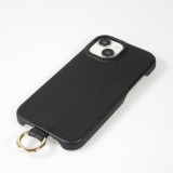 iPhone 14 Case H&uuml;lle - Premium Luxus Echtleder mit verstell- und abnehmbarem Lederriemen + MagSafe - Schwarz
