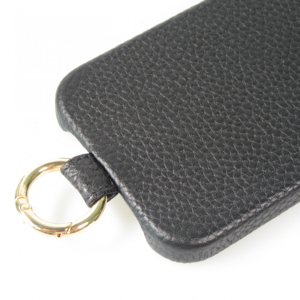 iPhone 14 Case H&uuml;lle - Premium Luxus Echtleder mit verstell- und abnehmbarem Lederriemen + MagSafe - Schwarz