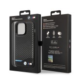 iPhone 14 Pro Case Hülle - BMW M Karbon-Effekt und Leder mit geprägtem Metall-Logo - Schwarz