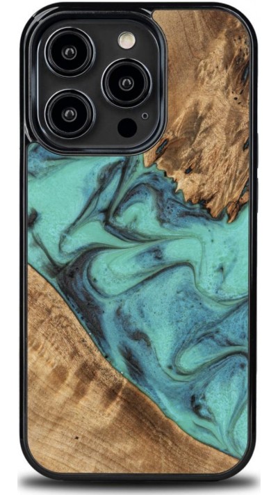 iPhone 14 Pro Case Hülle - Bewood Unique Wood and Resin Case - Türkis & Schwarz