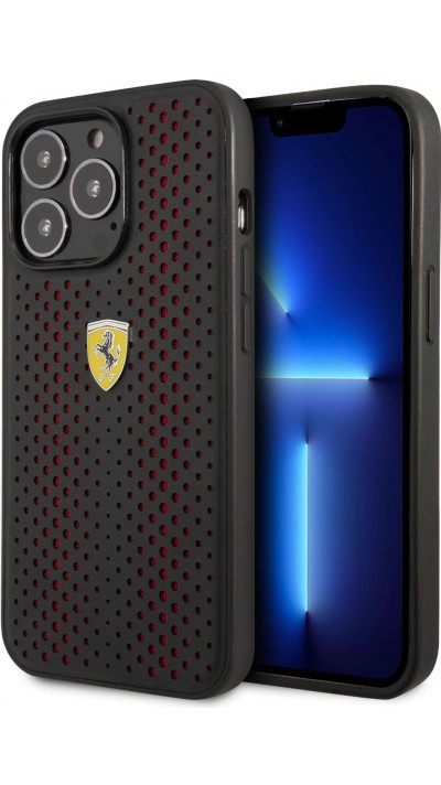 iPhone 14 Pro Case Hülle - Ferrari perforiertes Echtleder mit rotem Stoff und Metall-Logo - Schwarz / rot