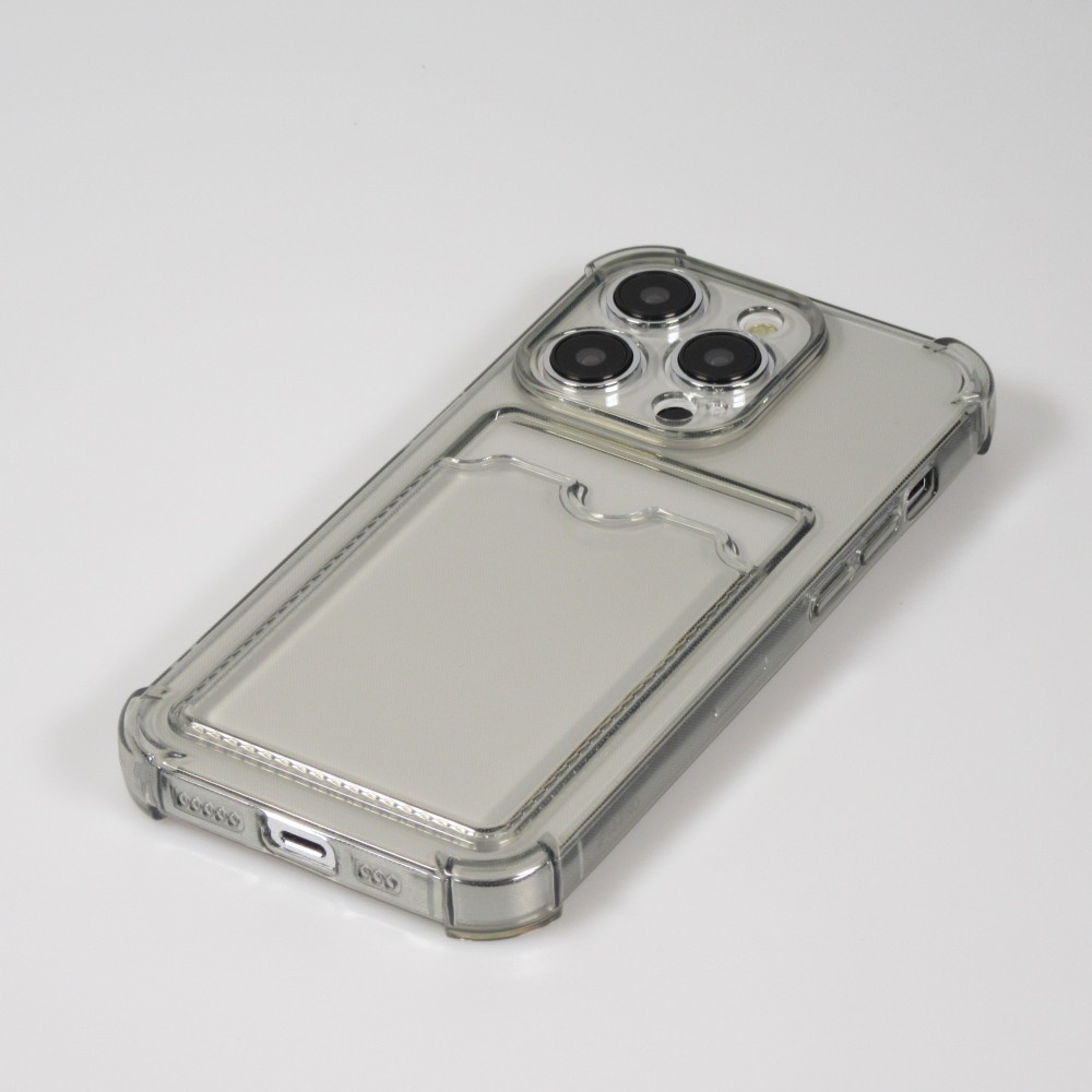 iPhone 14 Pro Case Hülle - Gummi Silikon bumper super flexibel mit Kartenhalter transparent - Grau