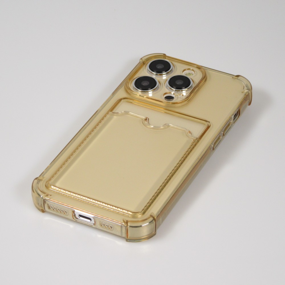 iPhone 14 Pro Case Hülle - Gummi Silikon bumper super flexibel mit Kartenhalter transparent - Gold