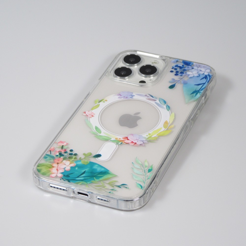 iPhone 16 Pro Case Hülle - Gummi Silikon steif mit MagSafe Frühlings Blumen - Transparent