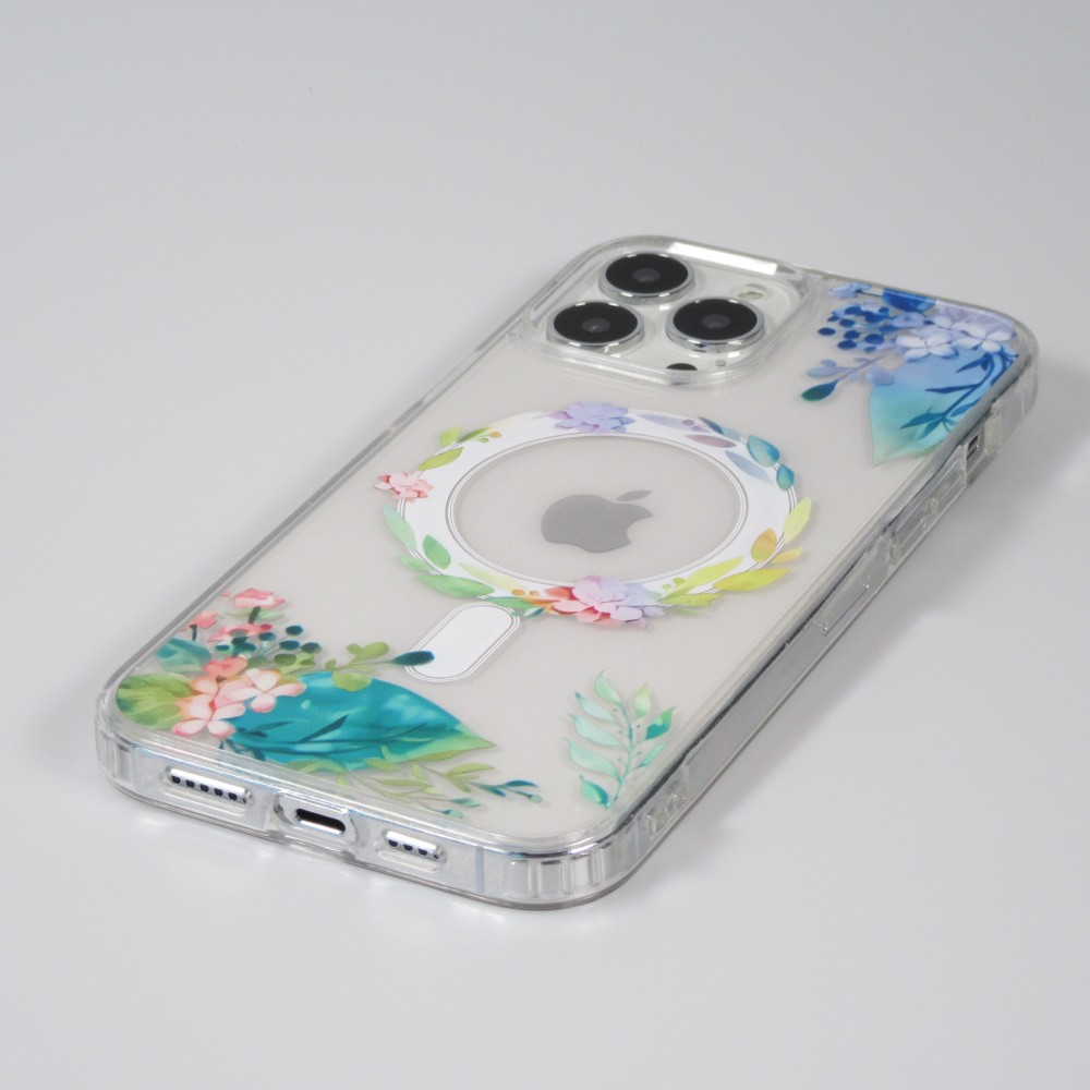 iPhone 16 Pro Case Hülle - Gummi Silikon steif mit MagSafe Frühlings Blumen - Transparent