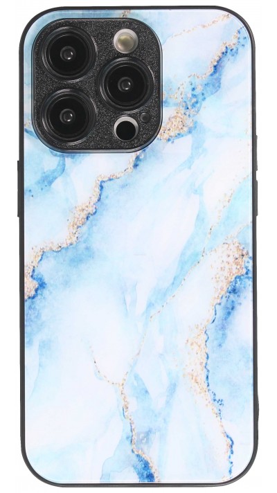 iPhone 14 Pro Max Case Hülle - Glass Marmor mit Silikonrand - Hellblau