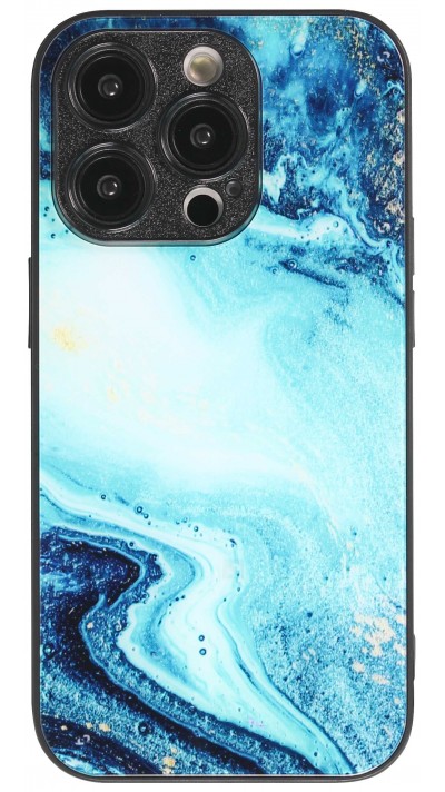 iPhone 13 Pro Case Hülle - Glass Marmor mit Silikonrand - Dunkelblau
