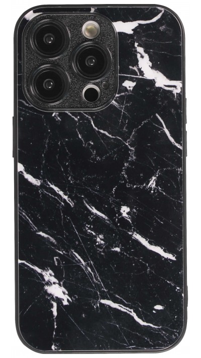 iPhone 13 Pro Case Hülle - Glass Marmor mit Silikonrand - Schwarz
