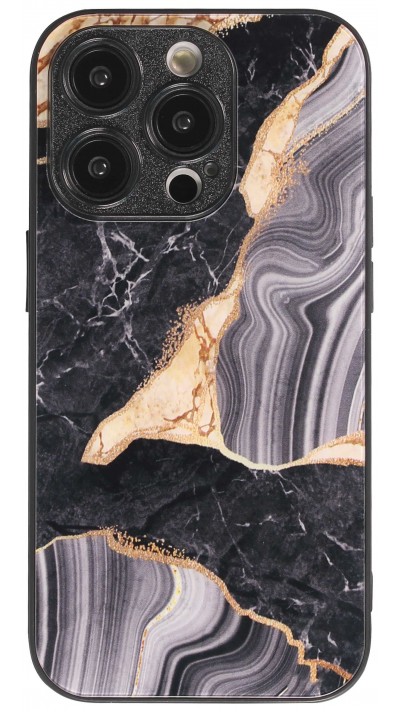 iPhone 14 Pro Case Hülle - Glass Marmor mit Silikonrand - Schwarz/Gold