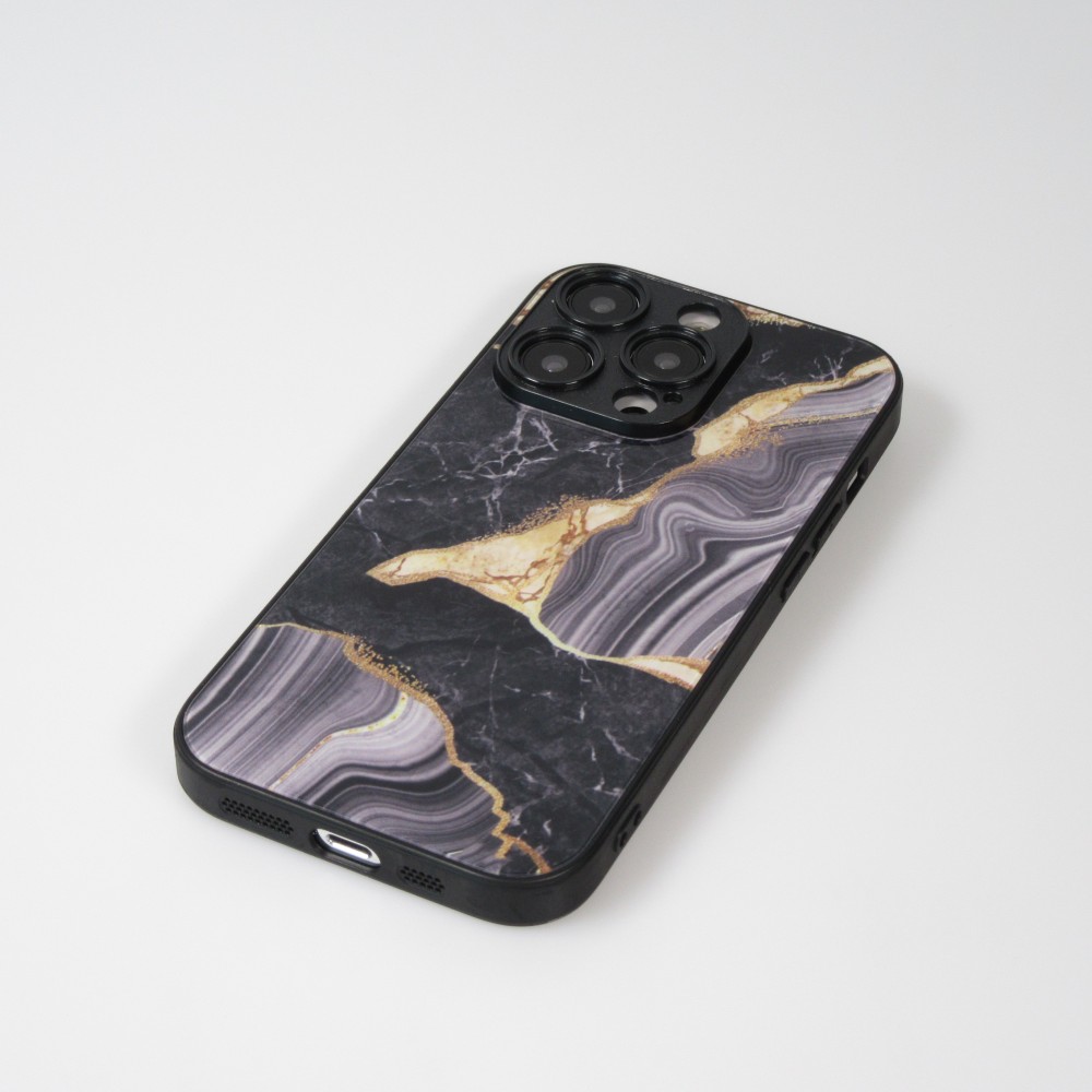 iPhone 13 Pro Max Case Hülle - Glass Marmor mit Silikonrand - Schwarz/Gold