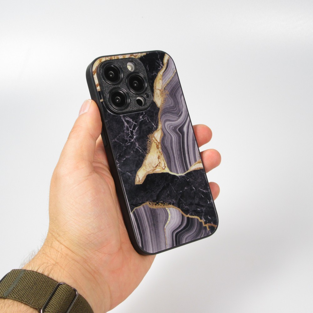 iPhone 13 Pro Max Case Hülle - Glass Marmor mit Silikonrand - Schwarz/Gold