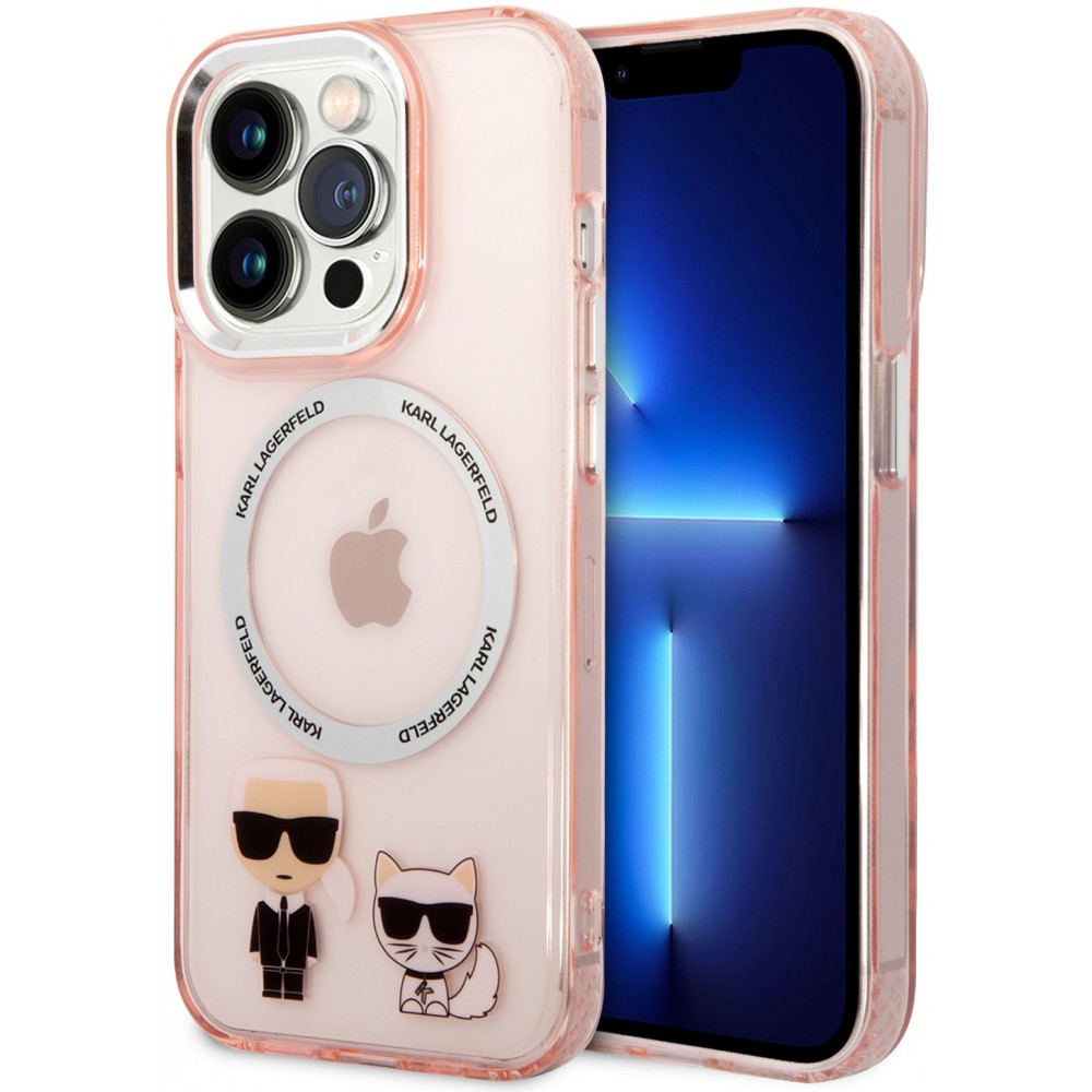 iPhone 14 Pro Case Hülle - Karl Lagerfeld und Choupette duo gel rigide mit MagSafe in silber - Rosa