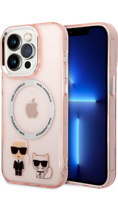 iPhone 14 Pro Max Case Hülle - Karl Lagerfeld und Choupette duo gel rigide mit MagSafe in silber - Rosa