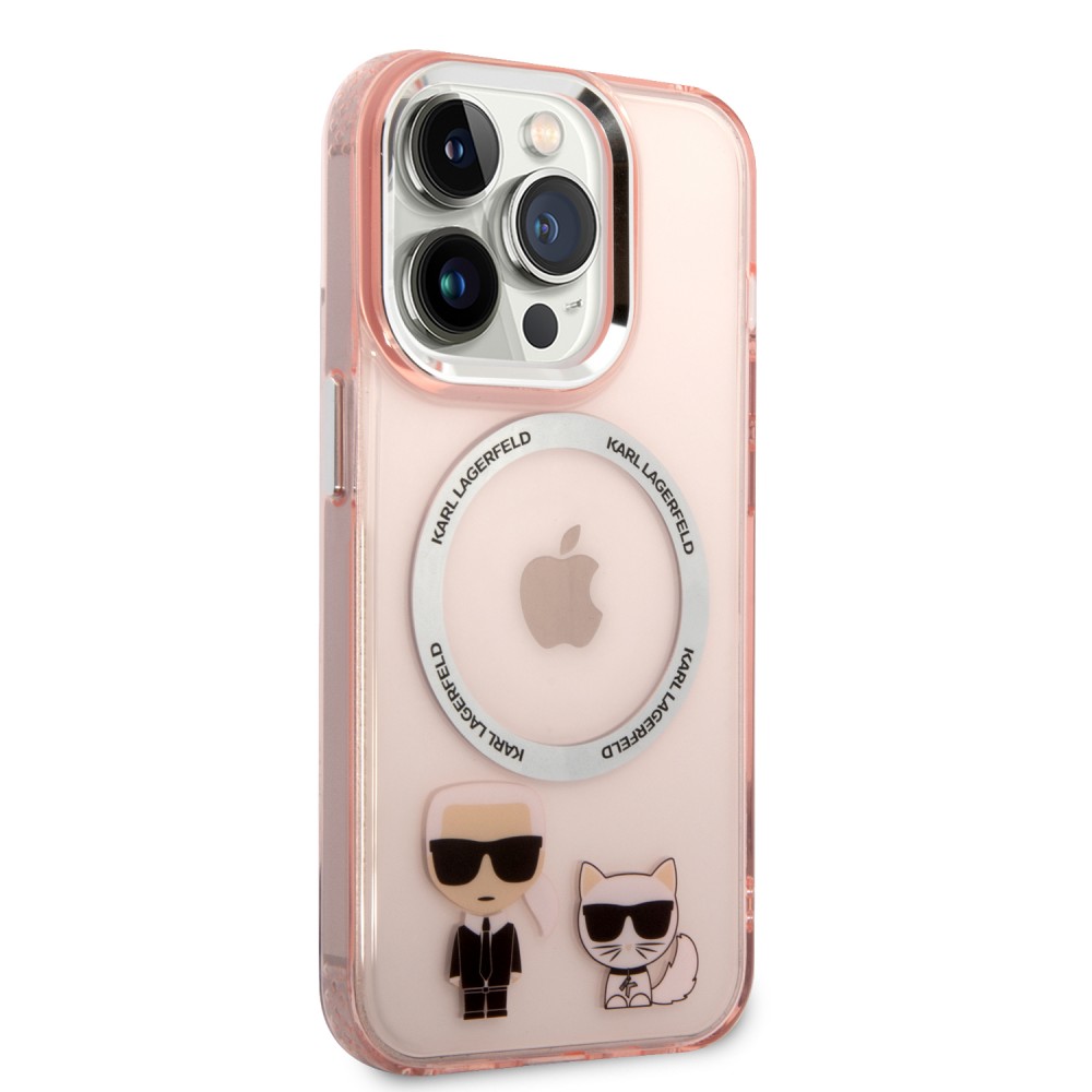 iPhone 14 Pro Case Hülle - Karl Lagerfeld und Choupette duo gel rigide mit MagSafe in silber - Rosa