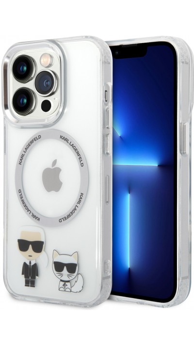 iPhone 15 Pro Case Hülle - Karl Lagerfeld und Choupette duo gel rigide mit MagSafe in silber - Transparent