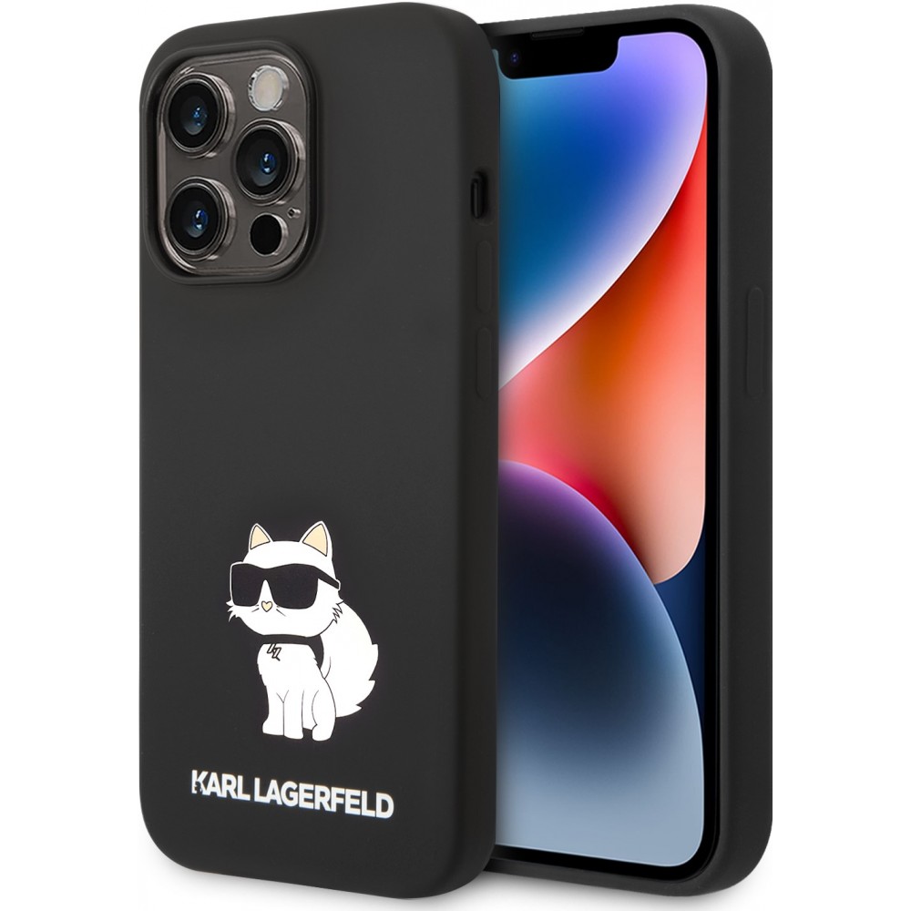 Coque iPhone 14 Pro - Karl Lagerfeld silicone soft touch Choupette - Noir