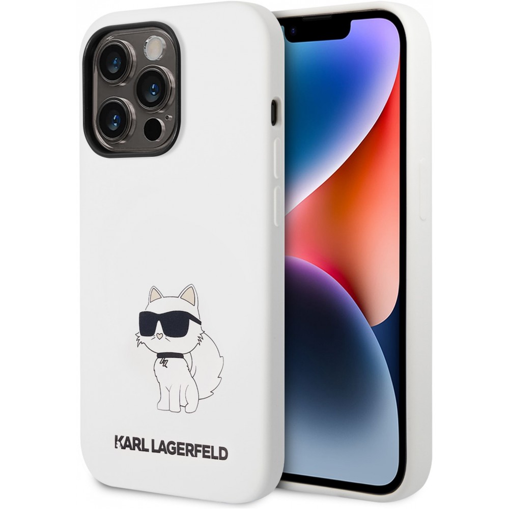 Coque iPhone 14 Pro - Karl Lagerfeld silicone soft touch Choupette - Blanc