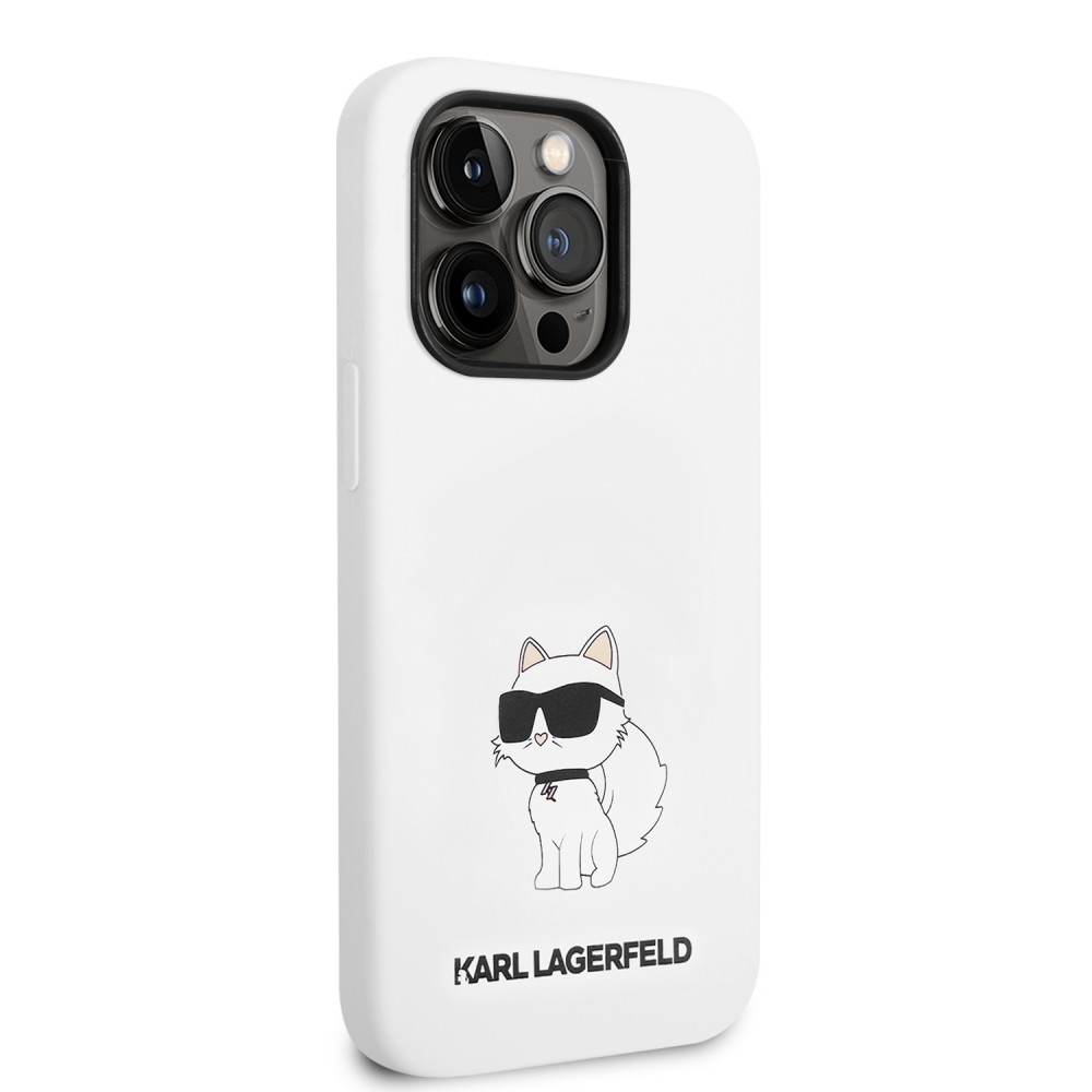Coque iPhone 14 Pro - Karl Lagerfeld silicone soft touch Choupette - Blanc