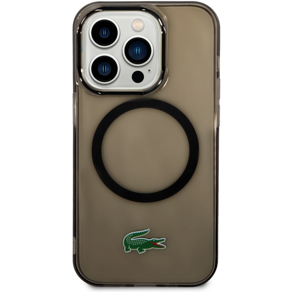 Coque iPhone 14 Pro - Lacoste gel laqué transparent avec MagSafe - Noir