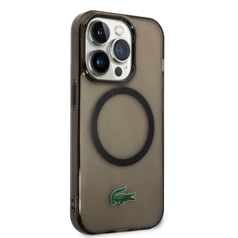 Coque iPhone 14 Pro - Lacoste gel laqué transparent avec MagSafe - Noir
