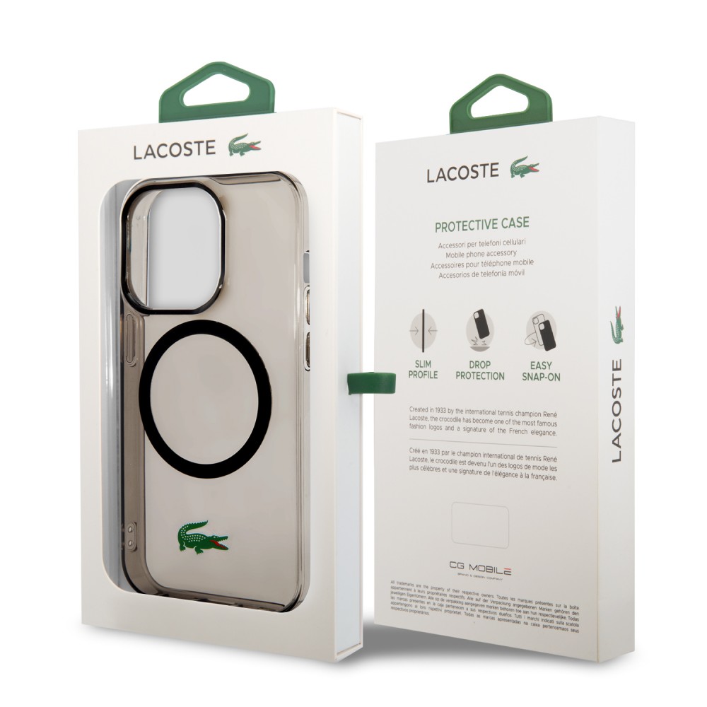 Coque iPhone 14 Pro - Lacoste gel laqué transparent avec MagSafe - Noir