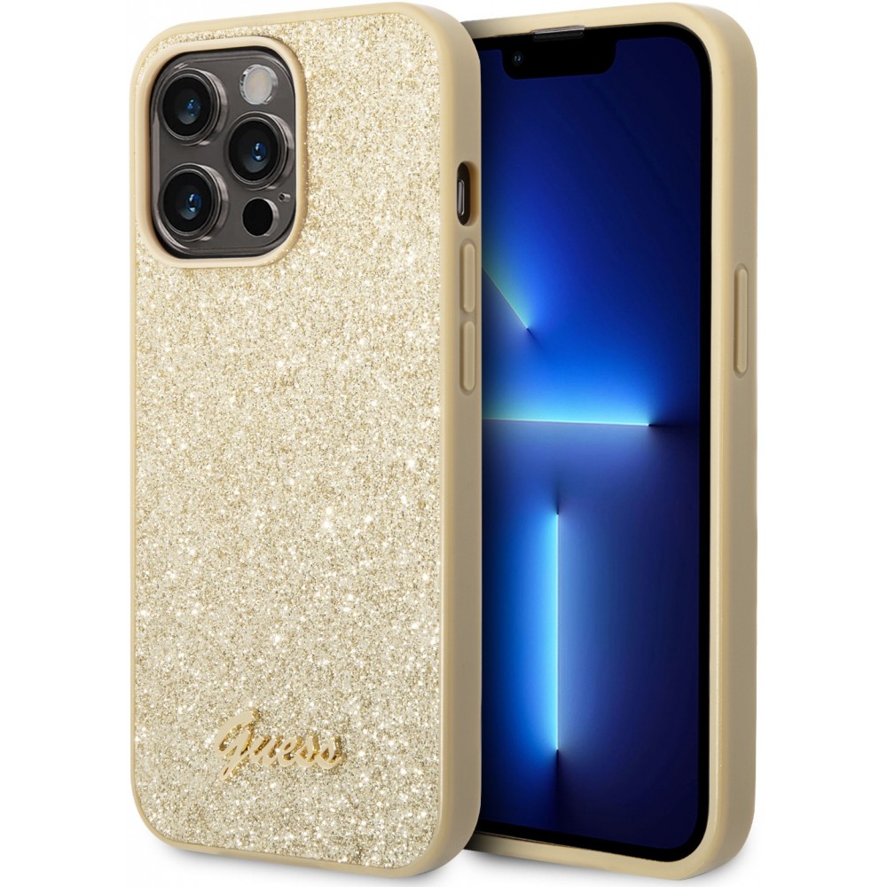 iPhone 14 Pro Max Case Hülle - Guess Gold Glitter mit goldenem Metalllogo - Gold