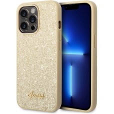 iPhone 14 Pro Max Case Hülle - Guess Gold Glitter mit goldenem Metalllogo - Gold