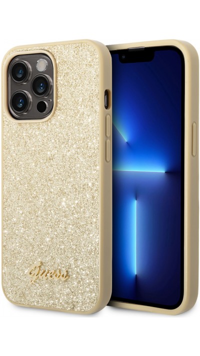 iPhone 14 Pro Max Case Hülle - Guess Gold Glitter mit goldenem Metalllogo - Gold
