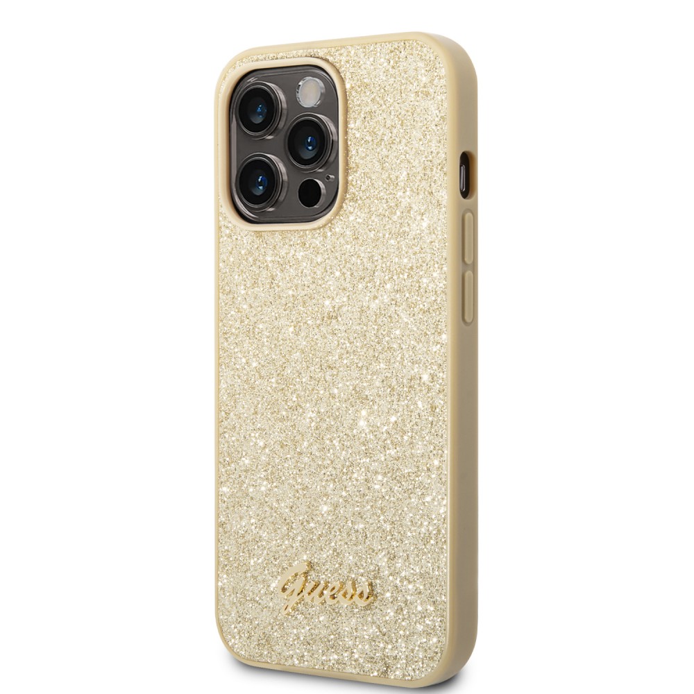 iPhone 14 Pro Max Case Hülle - Guess Gold Glitter mit goldenem Metalllogo - Gold
