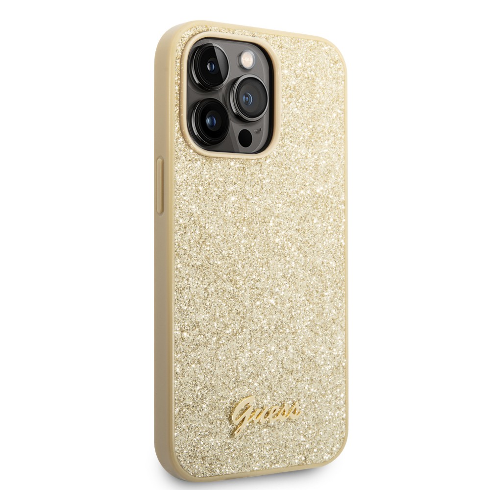 iPhone 14 Pro Max Case Hülle - Guess Gold Glitter mit goldenem Metalllogo - Gold