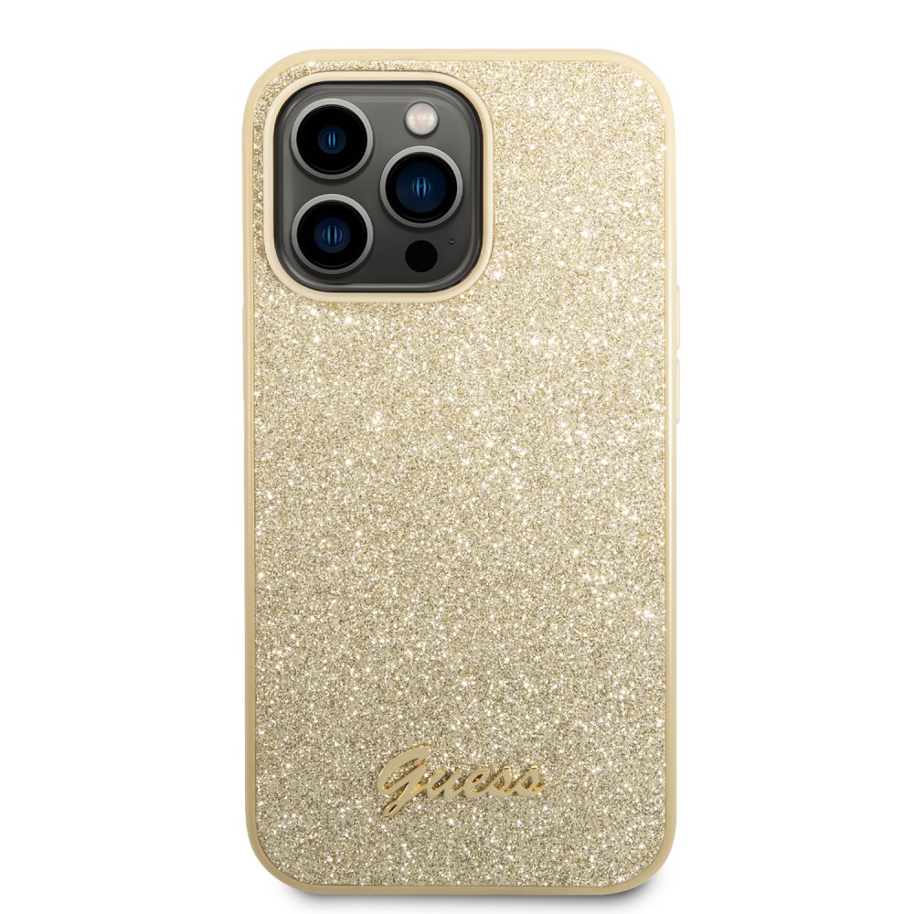 iPhone 14 Pro Max Case Hülle - Guess Gold Glitter mit goldenem Metalllogo - Gold