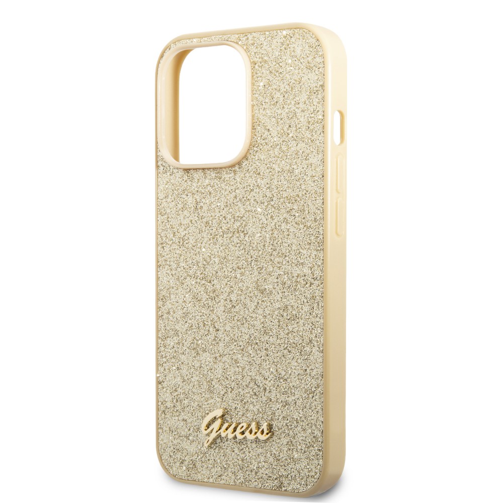 iPhone 14 Pro Max Case Hülle - Guess Gold Glitter mit goldenem Metalllogo - Gold