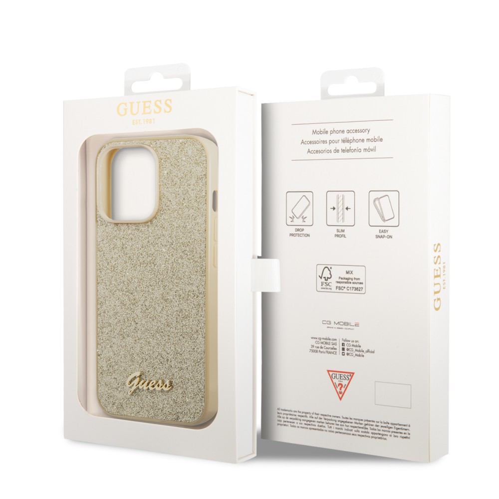 iPhone 14 Pro Max Case Hülle - Guess Gold Glitter mit goldenem Metalllogo - Gold