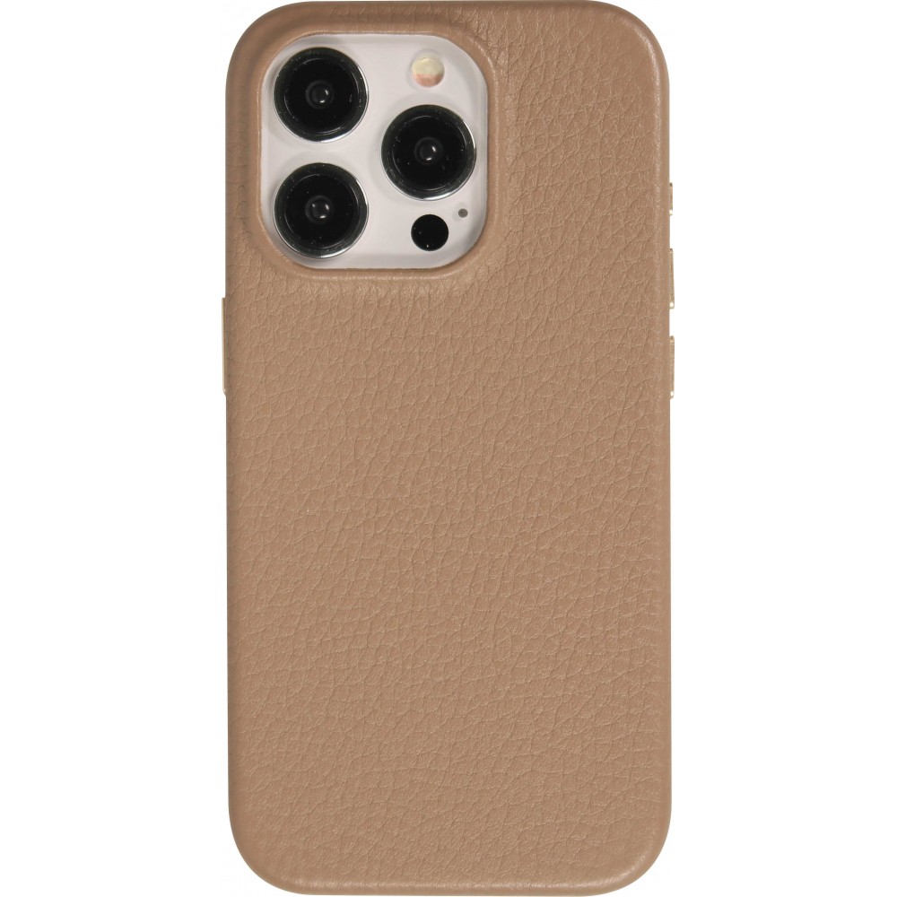 iPhone 14 Pro Max Case Hülle - Vollständig genarbtes Luxuskalbsleder mit Metallknöpfen und MagSafe - Beige