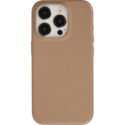 iPhone 14 Pro Max Case H&uuml;lle - Vollst&auml;ndig genarbtes Luxuskalbsleder mit Metallkn&ouml;pfen und MagSafe - Beige