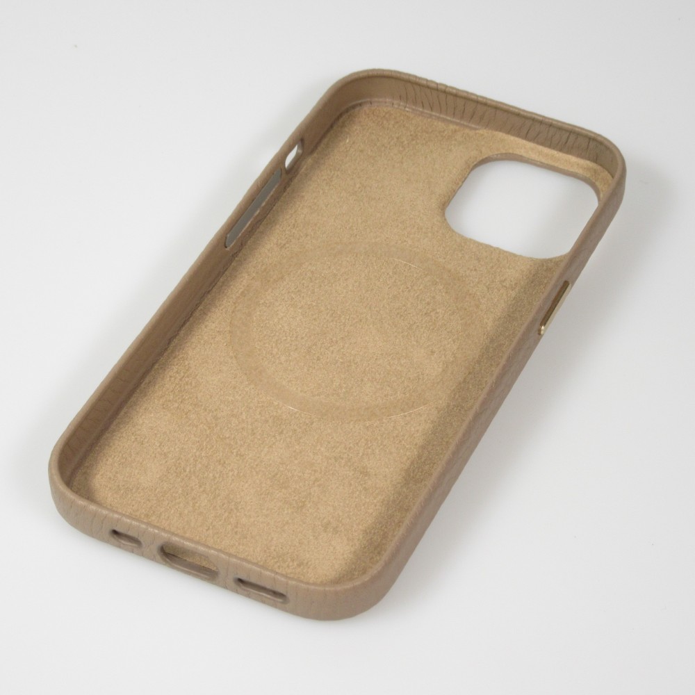 iPhone 14 Pro Max Case Hülle - Vollständig genarbtes Luxuskalbsleder mit Metallknöpfen und MagSafe - Beige