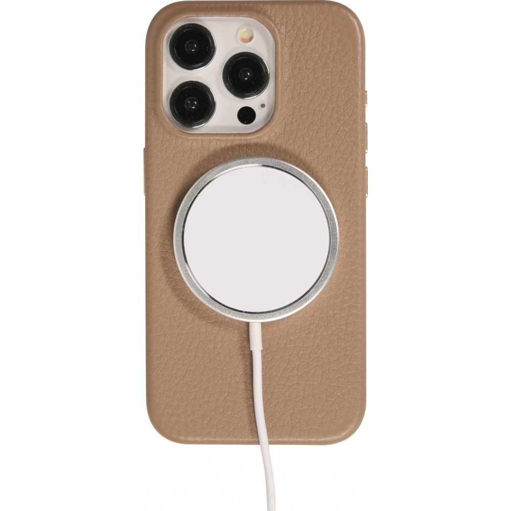iPhone 14 Pro Max Case Hülle - Vollständig genarbtes Luxuskalbsleder mit Metallknöpfen und MagSafe - Beige