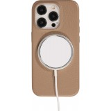 iPhone 14 Pro Max Case Hülle - Vollständig genarbtes Luxuskalbsleder mit Metallknöpfen und MagSafe - Beige