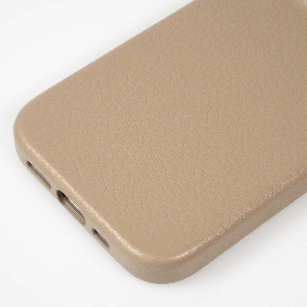iPhone 14 Pro Max Case Hülle - Vollständig genarbtes Luxuskalbsleder mit Metallknöpfen und MagSafe - Beige