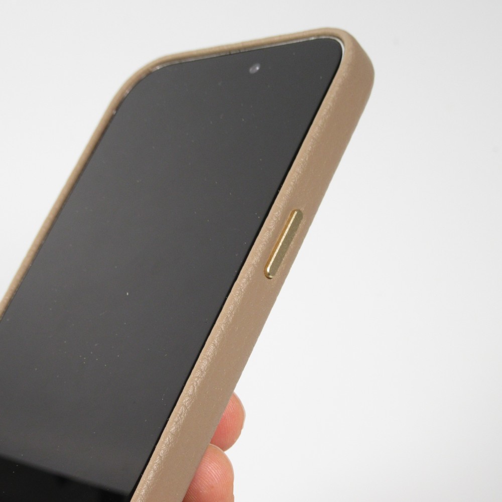 iPhone 14 Pro Max Case Hülle - Vollständig genarbtes Luxuskalbsleder mit Metallknöpfen und MagSafe - Beige