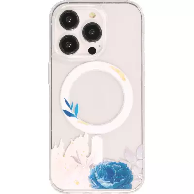 iPhone 15 Pro Max Case Hülle - Gummi Silikon steif mit MagSafe blaue Rose - Transparent