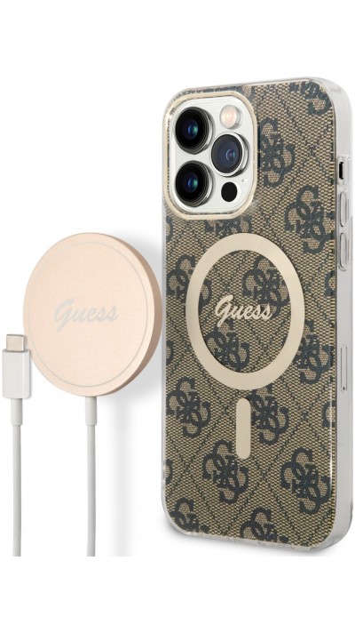 iPhone 14 Pro Max Case Hülle - Guess 2 in 1 Monogramm lackiert mit goldenem Magsafe und kabellosem Ladegerät - Braun
