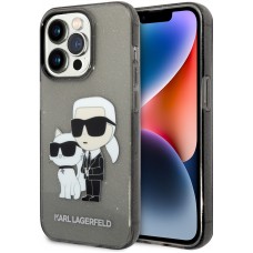 Coque iPhone 14 Pro - Karl Lagerfeld et Choupette duo gel rigide transparent pailleté - Gris