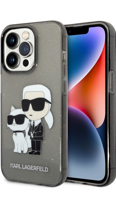 iPhone 14 Pro Case Hülle - Karl Lagerfeld und Choupette duo starres Gel transparent mit Glitter - Grau