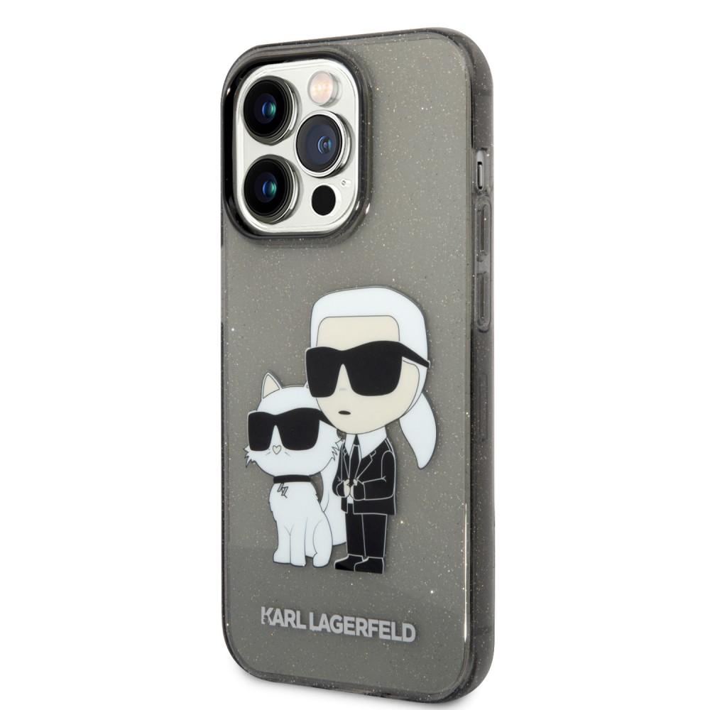 Coque iPhone 14 Pro - Karl Lagerfeld et Choupette duo gel rigide transparent pailleté - Gris