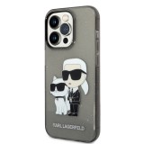 Coque iPhone 14 Pro - Karl Lagerfeld et Choupette duo gel rigide transparent pailleté - Gris