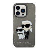 Coque iPhone 14 Pro - Karl Lagerfeld et Choupette duo gel rigide transparent pailleté - Gris