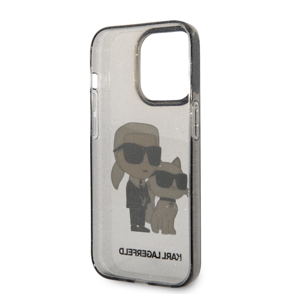 Coque iPhone 14 Pro - Karl Lagerfeld et Choupette duo gel rigide transparent pailleté - Gris